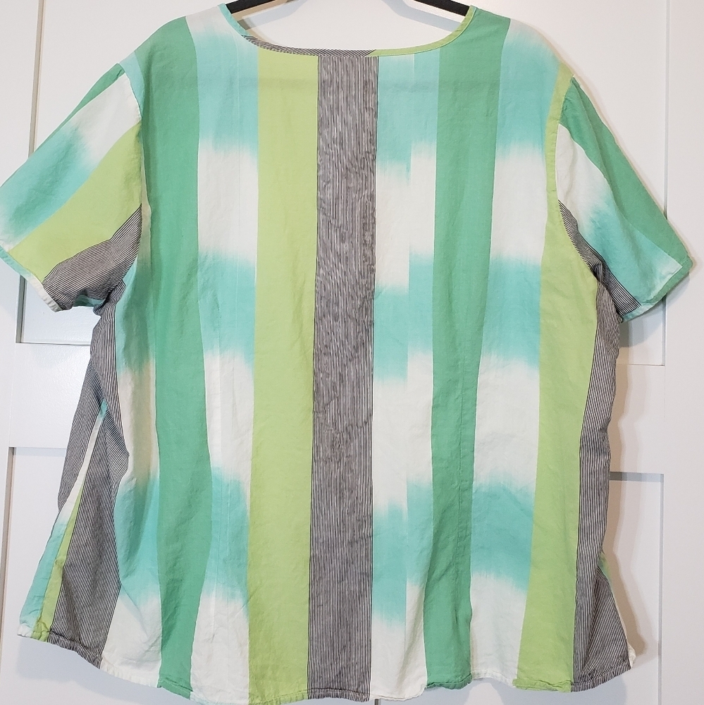 CJ Banks Cotton 100% Button Down Short Sleeve Top Size 3X Green White Li… - Picture 12 of 13